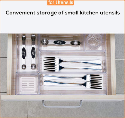 DCA 28 PCS Clear Plastic Drawer Organizers Set, 4-Size Versatile Bathroom and Vanity Drawer Organizer Trays, Storage Bins for Makeup, Bedroom, Kitchen Gadgets Utensils and Office