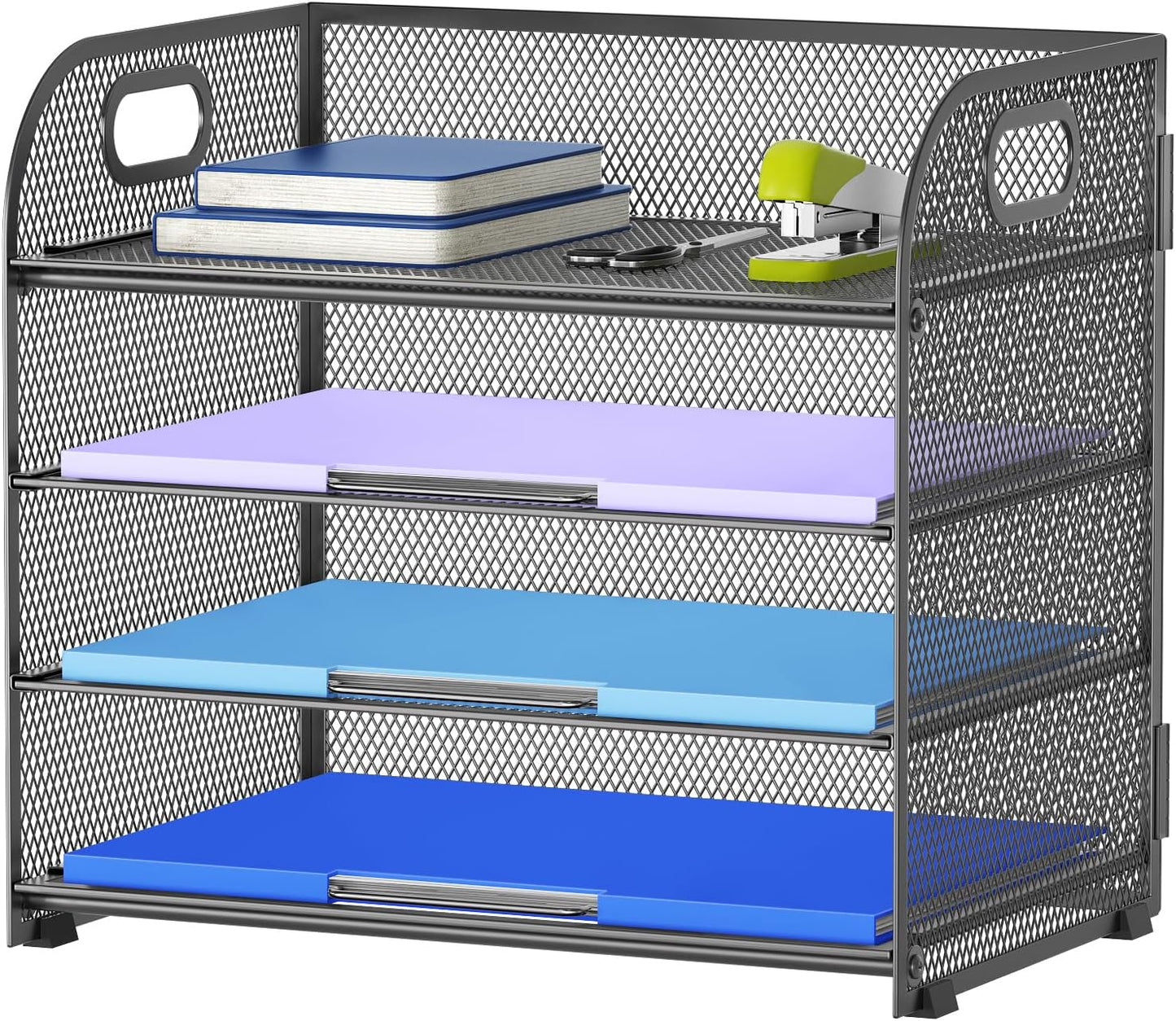Marbrasse 4 Tier Paper Organizer Letter Tray - Mesh Desk File Organizer with Handle, Paper Sorter Organizer for Letter/A4 Office File Folder Holder (Black, 12.6" x 9.1" x 10.7")
