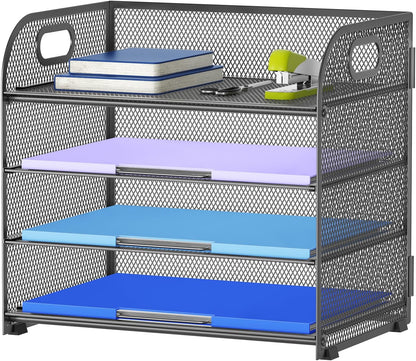 Marbrasse 4 Tier Paper Organizer Letter Tray - Mesh Desk File Organizer with Handle, Paper Sorter Organizer for Letter/A4 Office File Folder Holder (Black, 12.6" x 9.1" x 10.7")