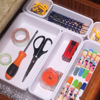Set of 24 Interlocking Desk Drawer Organizer Tray Dividers Plastic Shallow Narrow Drawers Organizers Separators Storage Bins Container for Kitchen Bathroom Makeup Office Vanity Bedroom Dresser
