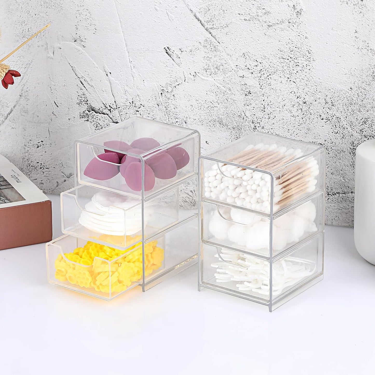 Hipiwe 2 Packs Acrylic Desk Organizer with 3 Drawers Small Display Organizer for Makeup Cotton Swabs Jewelry Clear Qtip Storage Box for Living Room Bathroom Office