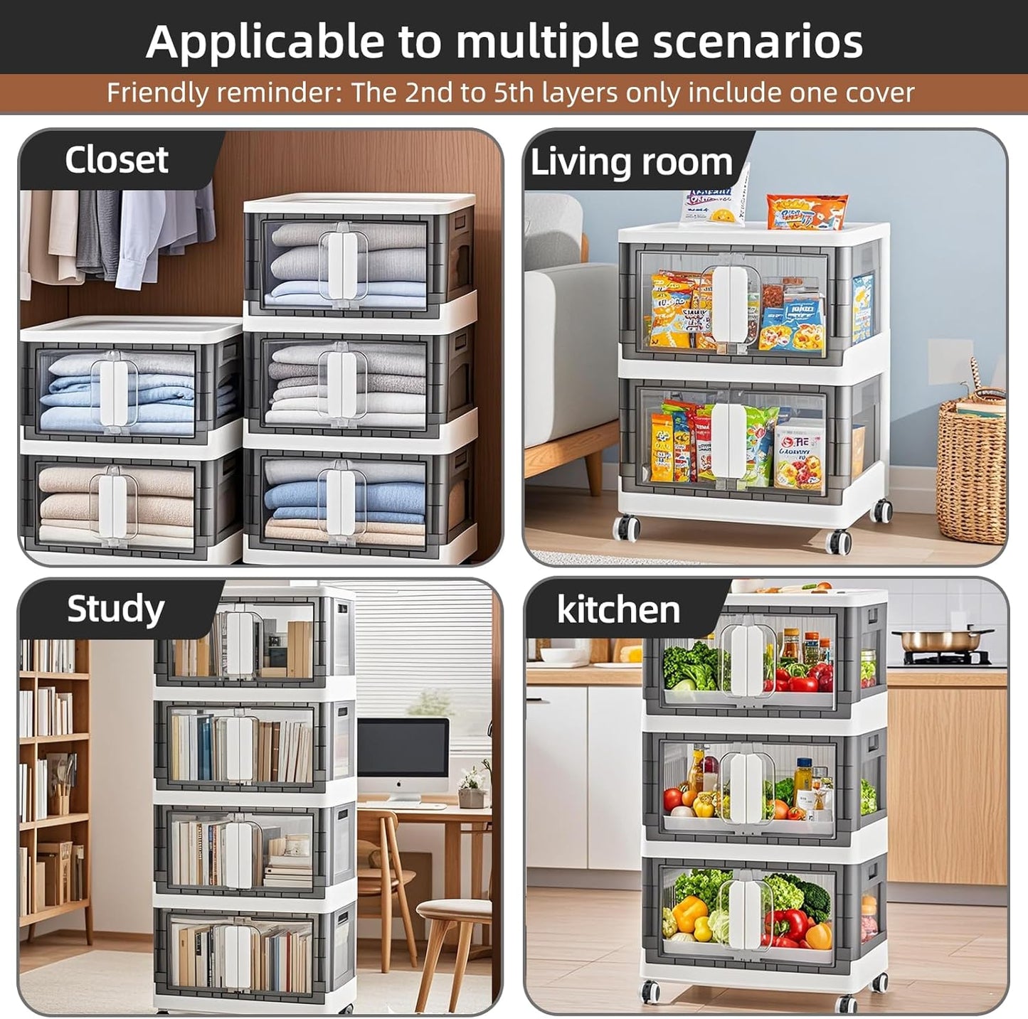 Folding Storage Organizer with Silent casters | Stackable Design for Home & Office, Heavy-Duty Plastic Storage Bin with Clear Door, 3 Sizes (19.5/23.5/27.5in),Black/White (23.6" 1 layer, White)