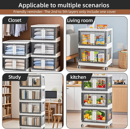 Folding Storage Organizer with Silent casters | Stackable Design for Home & Office, Heavy-Duty Plastic Storage Bin with Clear Door, 3 Sizes (19.5/23.5/27.5in),Black/White (23.6" 1 layer, White)