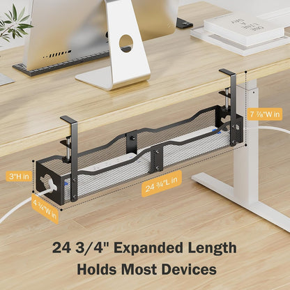 DELAMU 25'' Upgraded Under Desk Cable Management, No Dill Standing Desk Cord Management with Adjustable F-Clamp, Metal Desk Cable Organizer to Under Desk Organizer for Home Office, Black