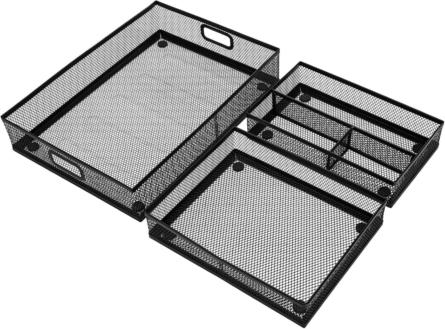 Noamus 3 Pack Office Drawer Organizer, Desk Drawer Divider Tray, Metal Mesh Desktop Basket, 6 Compartments Pen Storage Box for Makeup, Stationery, Office Supplies & Accessories, Kitchen(Black,3 Size)