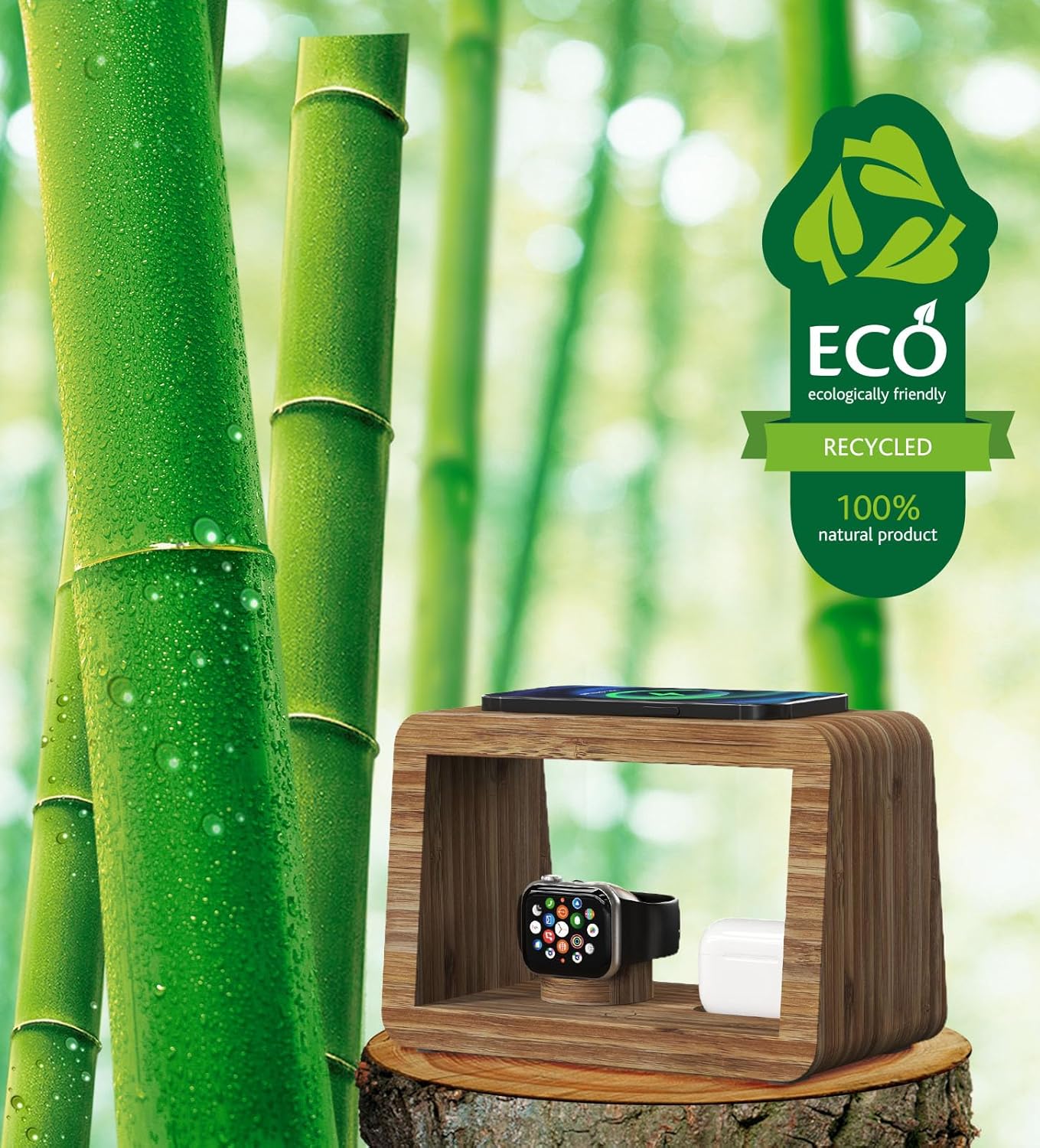 Bamboo Wireless Charging Station with Light: Ideal Gifts 4 in 1 Charging Station for Multiple Devices, Bedside Wireless Charger for iPhones 16-8/Pro/AirPods/iWatch