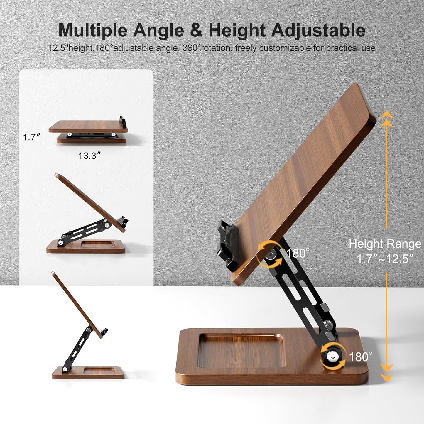 Book Stand for Reading, 360° Rotating Hands Free Book Holder, Adjustable Height and Angle, Page Clip for Cookbook, Recipe, Magazine, Laptop,Tablet, Foldable for Kitchen, Office, School