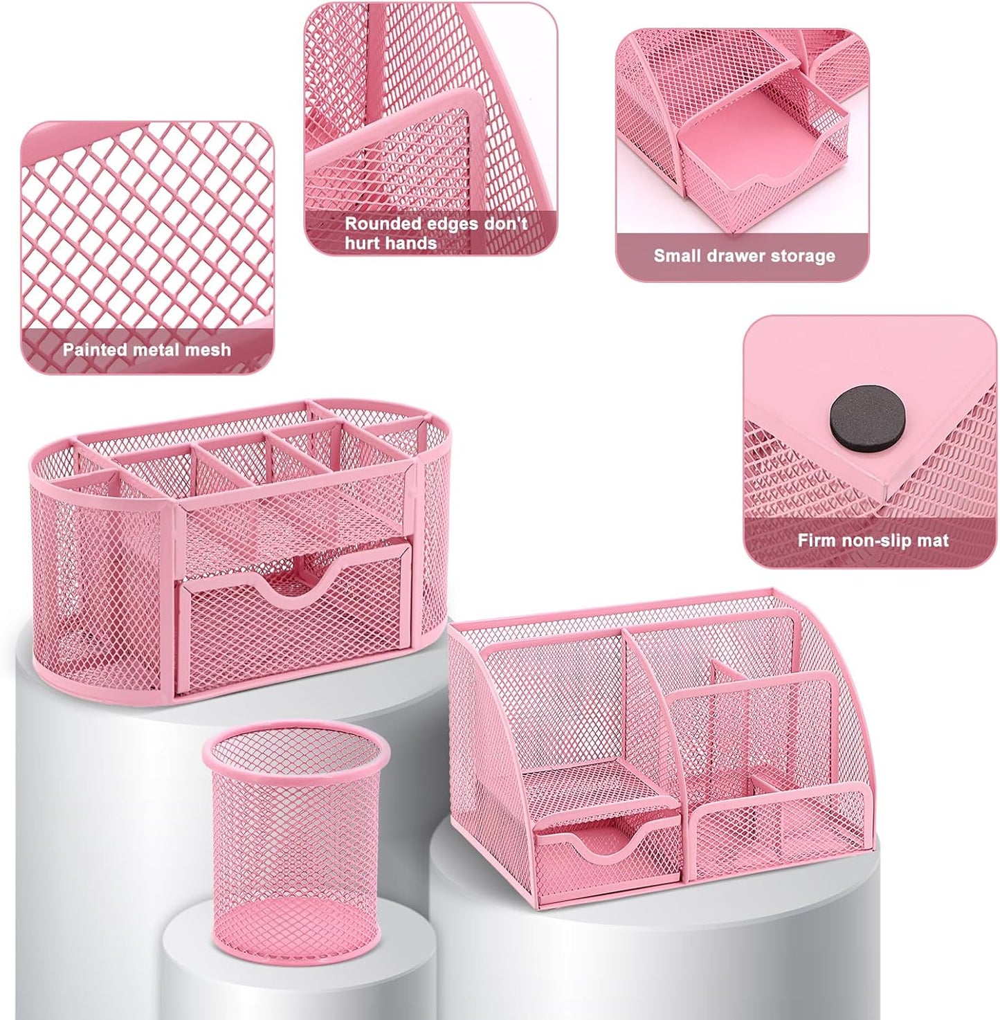 17 in1 Silvery Desk Organizers and Accessories Set, 3 Office Desk Supplies Storage Organization, 4 Pens, Stapler, Staples & Remover, Tape & Dispenser, Scissors, Ruler, Clips, Hole Punch Back to School