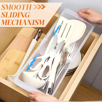2 Pack Deep Drawer Organizer Bins, Adjustable Sliding Drawer Organizer Bin Expandable Tray for Kitchen Utensils, BBQ Tools, Towels, Durable Plastic Sliding for Easy Storage (17" to 27”)