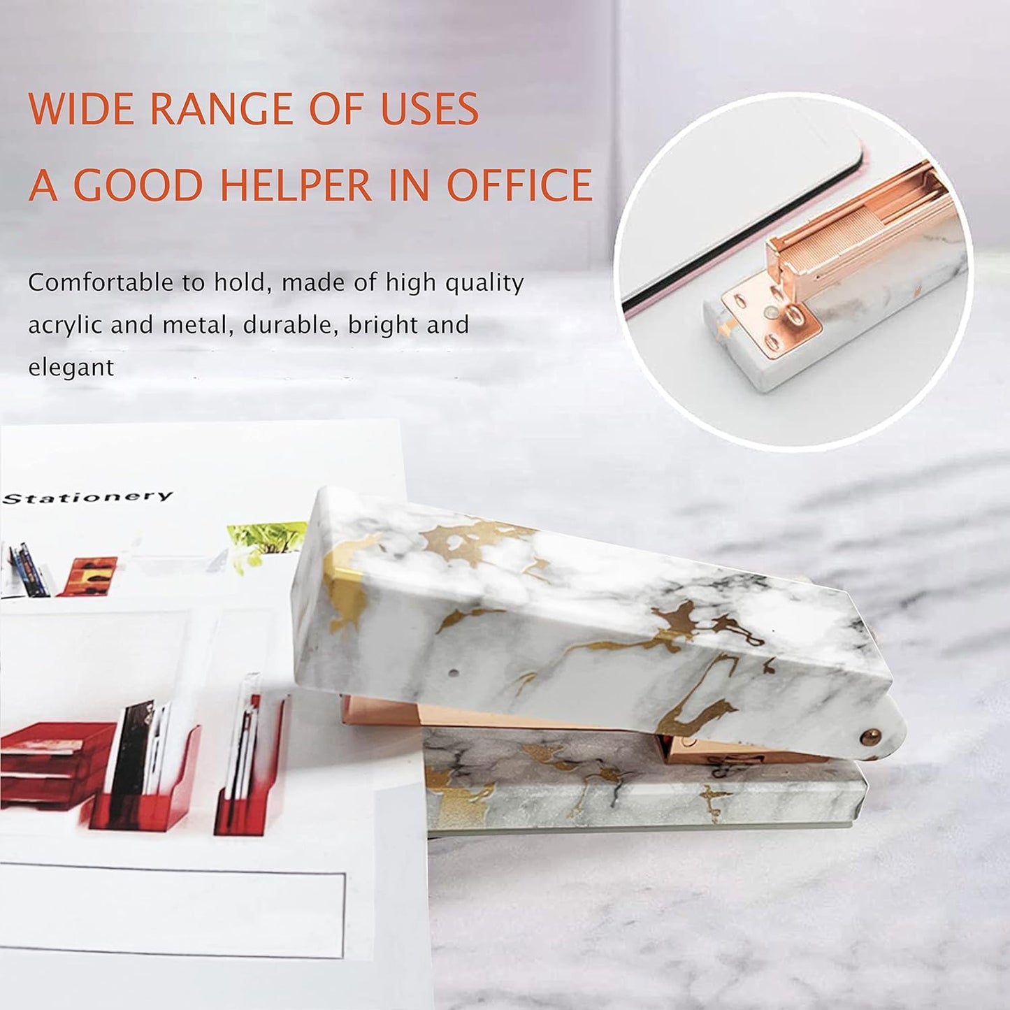 Famassi Rose Gold Desk Accessories，Office Supplies Set Acrylic Stapler Set Staple Remover, Tape Holder, 2 Ballpoint Pen, Scissor, Binder/Paper Clips and 1000pcs Staples.