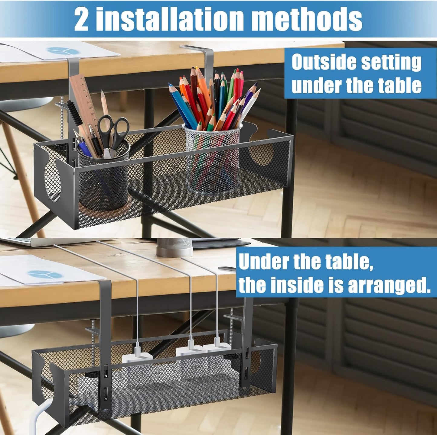 Under Desk Cable Management Tray, No Drill Steel Cord Organizer Kit with 52Pcs Different Essential Accessories for Home Office Standing Desk (13.4inch, Black)