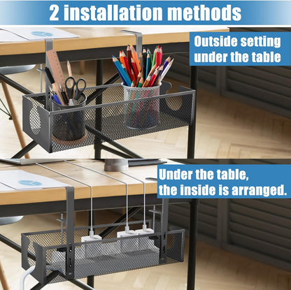 Under Desk Cable Management Tray, No Drill Steel Cord Organizer Kit with 52Pcs Different Essential Accessories for Home Office Standing Desk (13.4inch, Black)