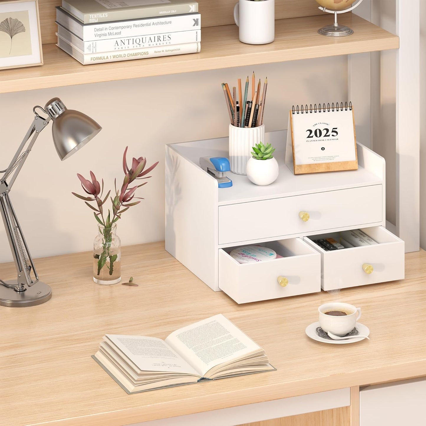 Bamboo Desk Organizer with Drawers Wooden Desktop Storage Drawers for Bills Office Supplies Kitchen Utensils Organizing Tool for Home Classroom Organization No Assembly (White, 3 Drawers)
