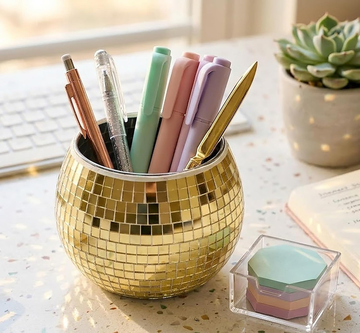 Glass Disco Ball Pen Holder with Smooth Grouting - Premium Mirror Mosaic Pencil Cup for Desk, Cute Makeup Brush Holder, Aesthetic Room Decor Gift (Iridiscente)