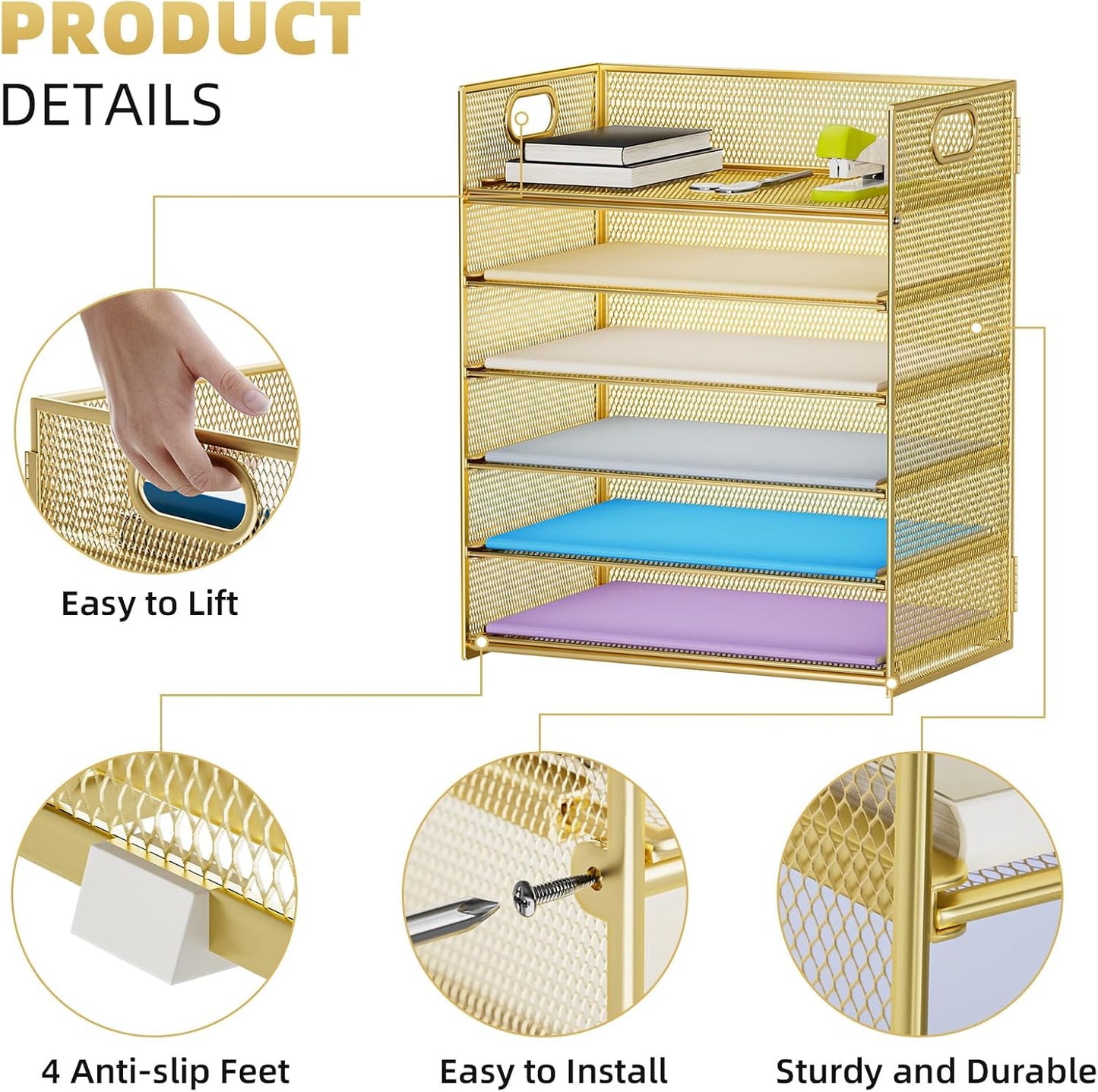 Marbrasse 6 Tier Paper Organizer Letter Tray - Mesh Desk File Organizer with Handle, Paper Sorter Organizer for Letter/A4 Office File Folder Holder - Black