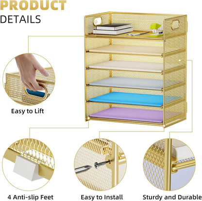 Marbrasse 6 Tier Paper Organizer Letter Tray - Mesh Desk File Organizer with Handle, Paper Sorter Organizer for Letter/A4 Office File Folder Holder - Black