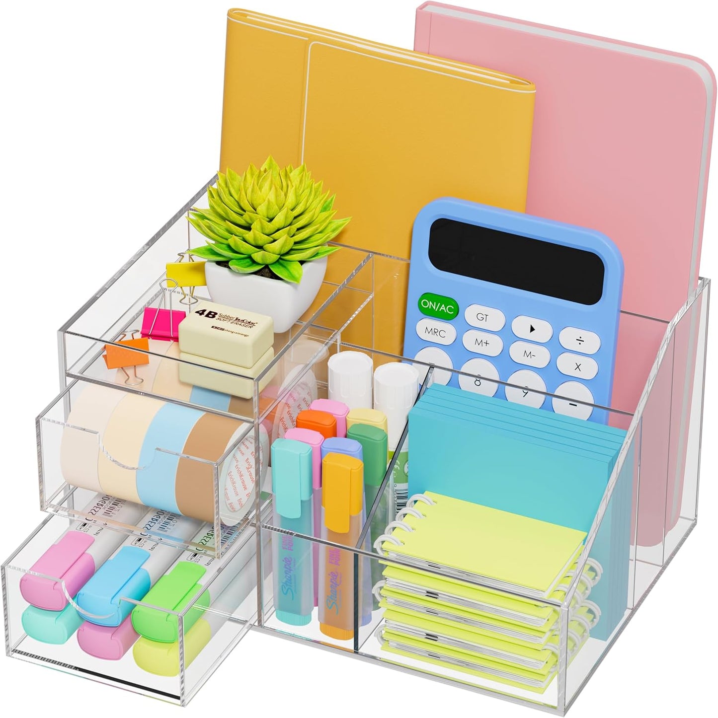 VITVITI Acrylic Desk Organizer, Upgraded Clear Pencil Organizer for Desk, 7 Compartments Stationary Pen Organizer Storage with Drawer, for Office Supply, 500+ Pencils Capacity