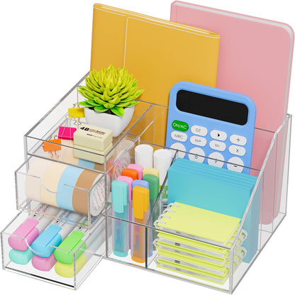 VITVITI Acrylic Desk Organizer, Upgraded Clear Pencil Organizer for Desk, 7 Compartments Stationary Pen Organizer Storage with Drawer, for Office Supply, 500+ Pencils Capacity