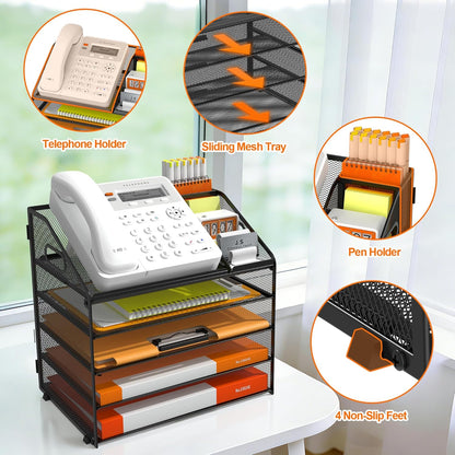 DocNest 4 Tier Metal Mesh Letter Tray - Space Saving Desk File Organizer with Handle, Pen Holder & Folder Holder - Desktop Document Sorter for Office, Home, School, Classroom - Black