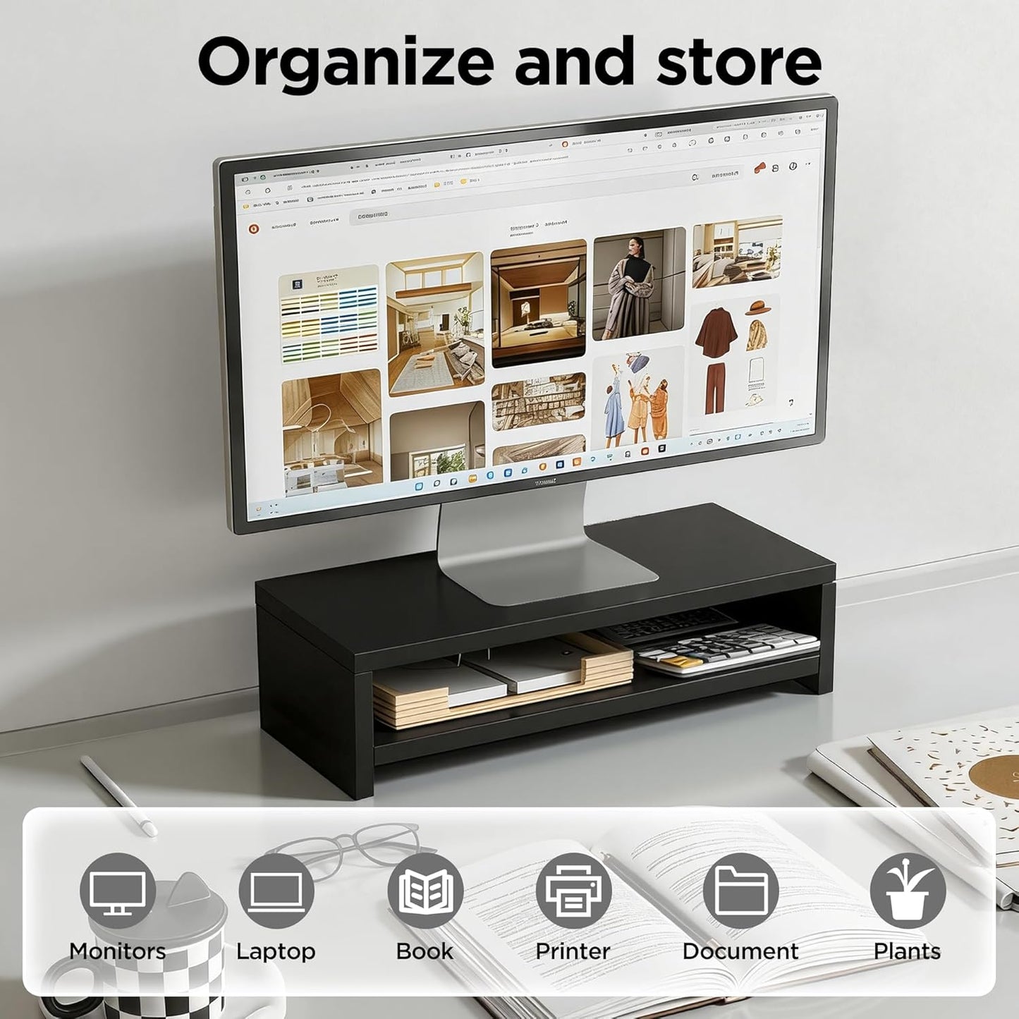 Wooden Monitor Stand Riser, 2-Tier Desk Shelf with Storage Organizer, Ergonomic Computer Stand, Storage Organizer for Laptop, Computer, Black, 15.7 Inch