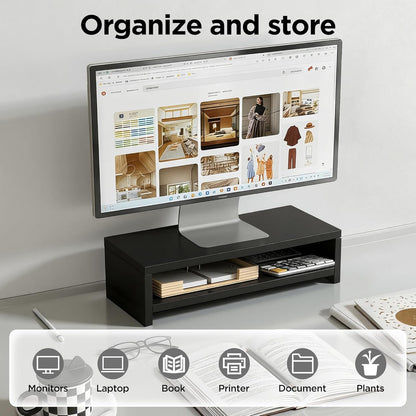 Wooden Monitor Stand Riser, 2-Tier Desk Shelf with Storage Organizer, Ergonomic Computer Stand, Storage Organizer for Laptop, Computer, Black, 15.7 Inch
