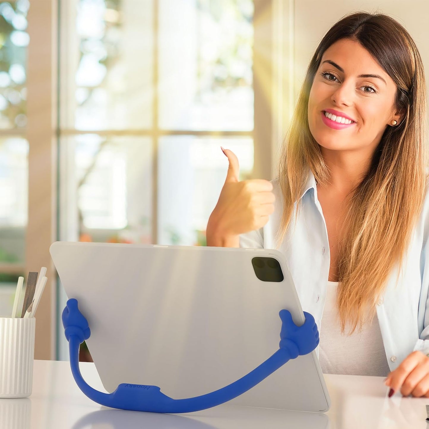 Honsky Thumbs-up Cell Phone Stand Holder,Tablet Stand Cradle for Desk Desktop Smartphone Cellphone Mobile Phone,Tablets - Universal, Adjustable Flexible,Blue