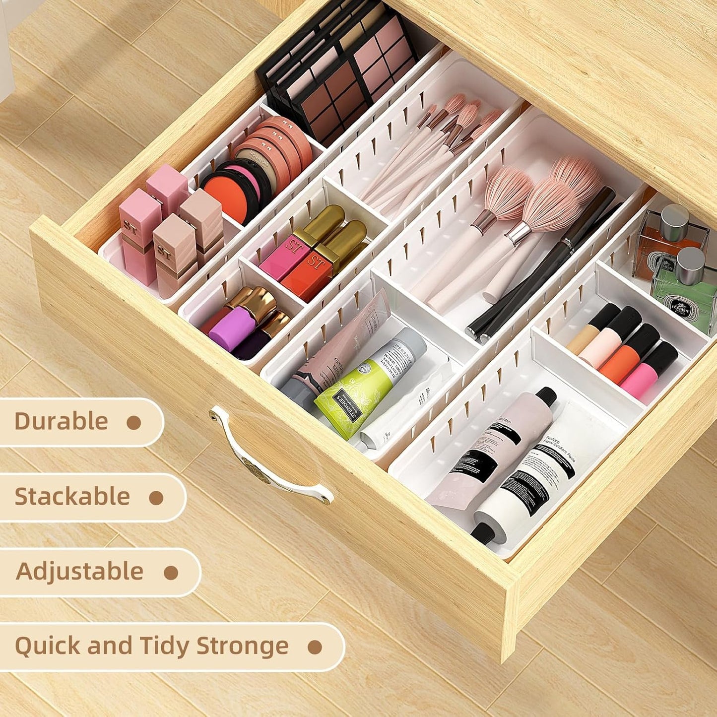 Desk Drawer Organizer Tray, 4 Pack Expandable Drawer Organizer with Dividers Adjustable, Bathroom Organizer Bins for Junk, Office, Makeup, Kitchen Utensil