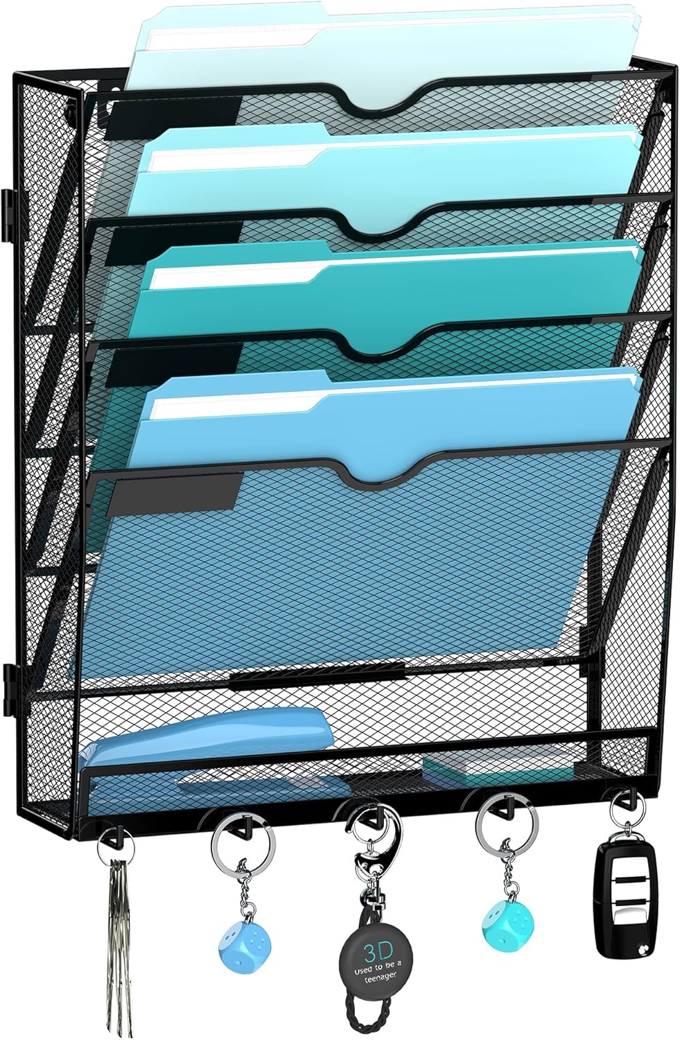 5 Tier Wall File Organizer - Hanging File Organizer with 5 Hooks, Mail Holder Wall Mounted for Papers, Folders, Magazines, Bills, Office&School Organization, Black