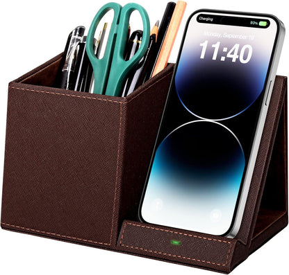 Bamboo Pen Holder for Desk & Nightstand Organizer with Fast Wireless Charging for iPhone, Samsung & More – Office Desk Accessories for Men/Women (Natural)