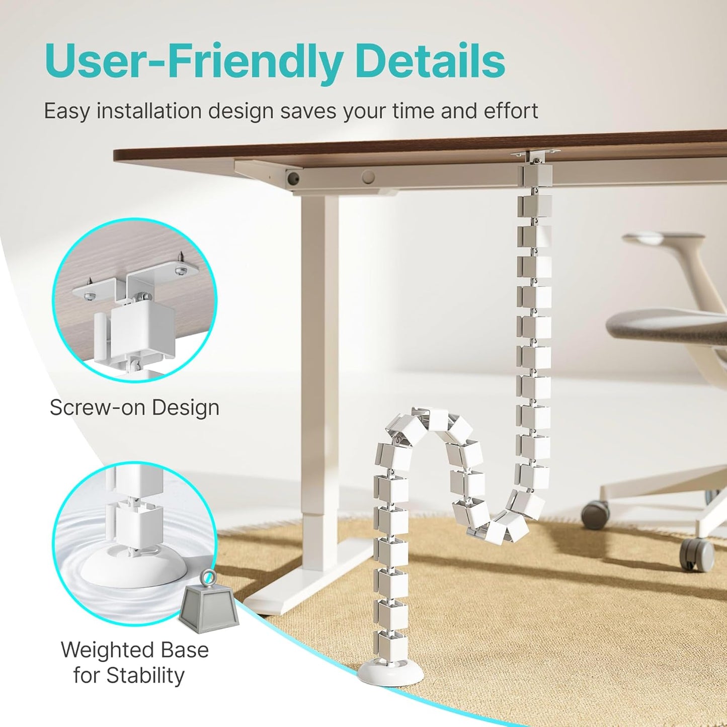 PEGZONE Under Desk Cable Management Spine – Flexible Cable Snake Organizer for Standing Desk, Tool-Free Magnetic Vertebrae Wire Management for 0.4"-2" Table, White