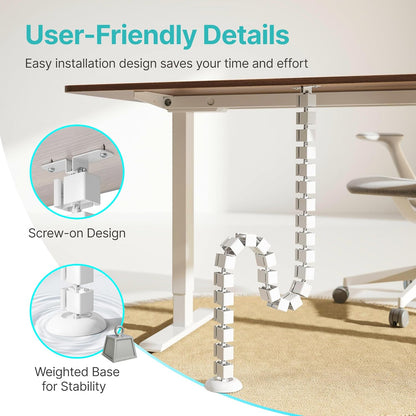 PEGZONE Under Desk Cable Management Spine – Flexible Cable Snake Organizer for Standing Desk, Tool-Free Magnetic Vertebrae Wire Management for 0.4"-2" Table, White