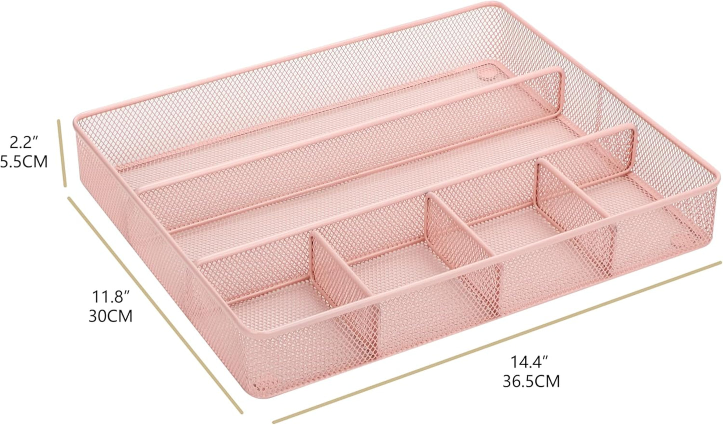 Annova Desk Drawer Organizer Tray for Office Organization - Metal Mesh - Storage Tray with Dividers for Pens, Desktop Accessories, Bathroom, Kitchen, Makeup and Office Supplies (Small, Gold)