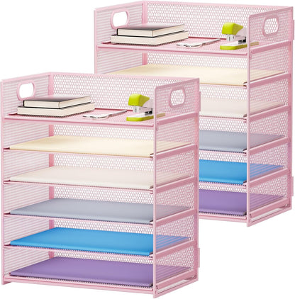 Marbrasse 6 Tier Paper Organizer Letter Tray - Mesh Desk File Organizer with Handle, Paper Sorter Organizer for Letter/A4 Office File Folder Holder - Black