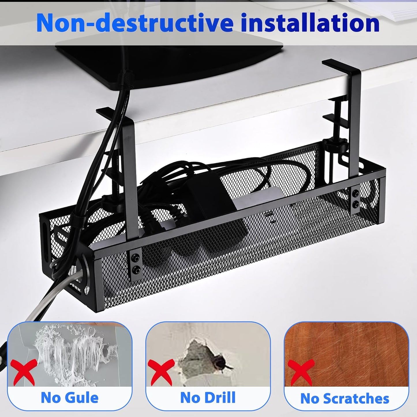 Under Desk Cable Management Box 25.3 Inch – Clamp-Mounted Cable Organizer Tray, Large Cord Management Box for Office & Home, Wire Organizer Under Desk Storage, White