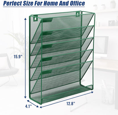EASEPRES Desk File Organizer Mesh 6-Tier, Hanging Wall Mount Document Organization Stand, Desktop Vertical Mail Paper Folder Holder Rack with Bottom Tray for Office Home Cubicle Countertop, Black