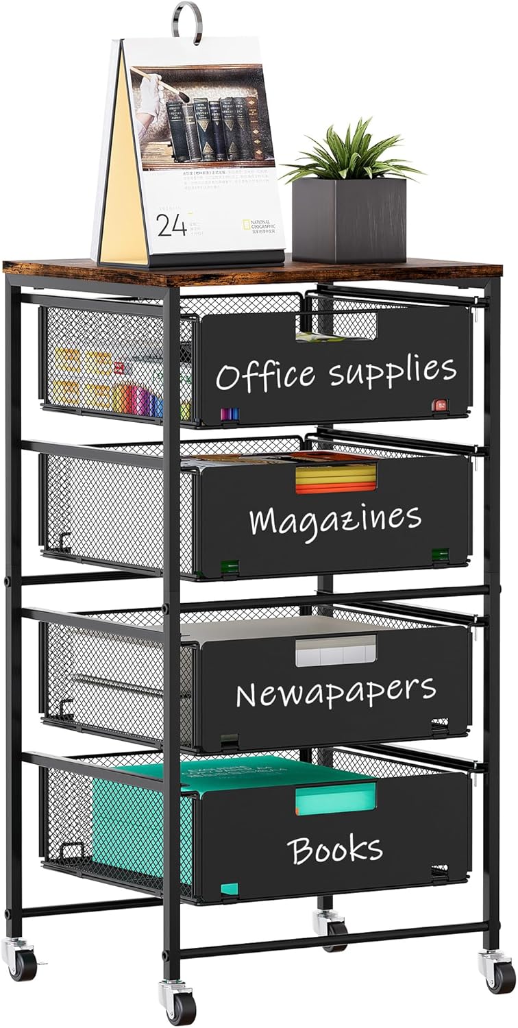 3-Drawer Storage Organizer, Under Desk Rolling File Cart with Lockable Wheels, Hanging File Folder Organizer for Letter Size, Utility Craft Cart Filing Cabinet for Home Office,Black