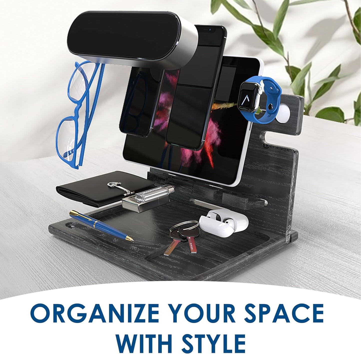 BarvA Two Phone Docking Station | Night Stand Desk Organizer | Wood Nightstand Organizer | Tablet Smart Watch Earbuds Charging Station | Upgraded Dresser Phone Stand | Bed Room Decor Gifts for Men