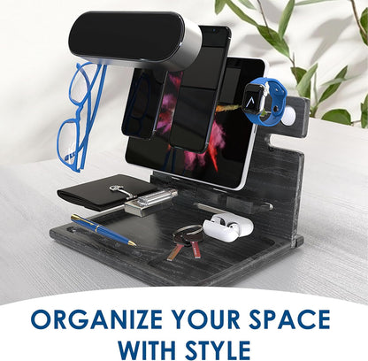 BarvA Two Phone Docking Station | Night Stand Desk Organizer | Wood Nightstand Organizer | Tablet Smart Watch Earbuds Charging Station | Upgraded Dresser Phone Stand | Bed Room Decor Gifts for Men