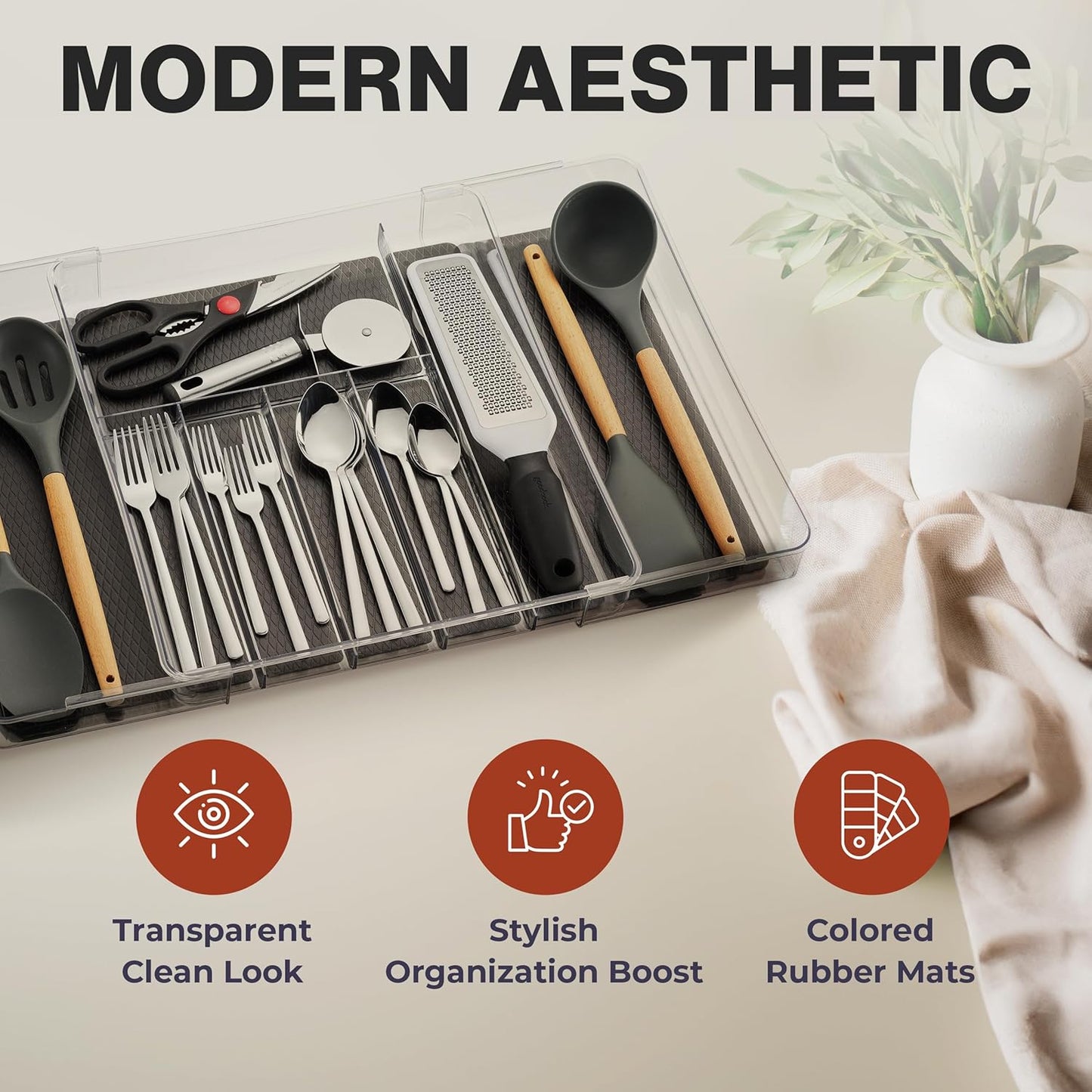 Masirs Expandable Utensil Drawer Organizer - BPA-Free Plastic Clear Silverware Tray with Multiple Compartments - Non-Slip Cutlery Storage for Kitchen, Bathroom, or Office Drawers (Clear)