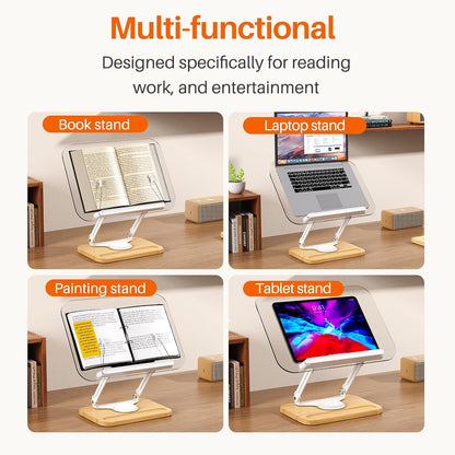 BYMECOST Acrylic Book Stand for Reading, Adjustable Book Holder with 360° Rotating Base & Elastic Page Clips, Foldable Desktop Riser Stand for Cookbook,Laptop,Tablet,Music Scores,Recipe,Textbook