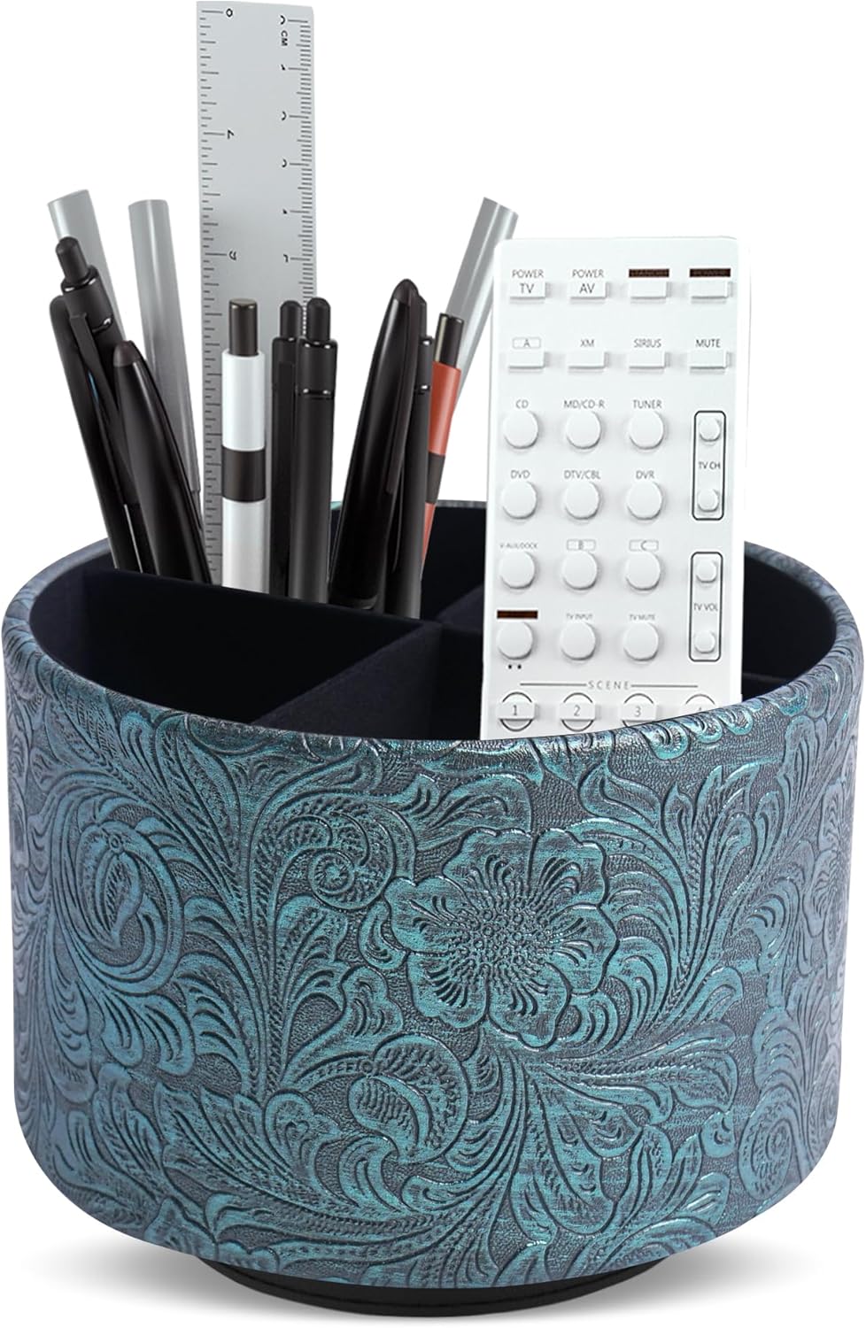 lizimandu Round Leather Art Supply Organizer,Remote Control Holder,360 Degree Spinning,Multi-Functional Pencil Holder,4 Compartments Desktop Stationary Organizer(1-Gold) - Colors B