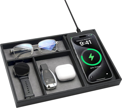 Valet Tray, Built in Wireless Charging Pad, Nightstand Organizer, Dresser Organizer, Mens Jewelry Box, Valet Charging Station, Faux Leather Valet Tray for Men and Women, (Black)