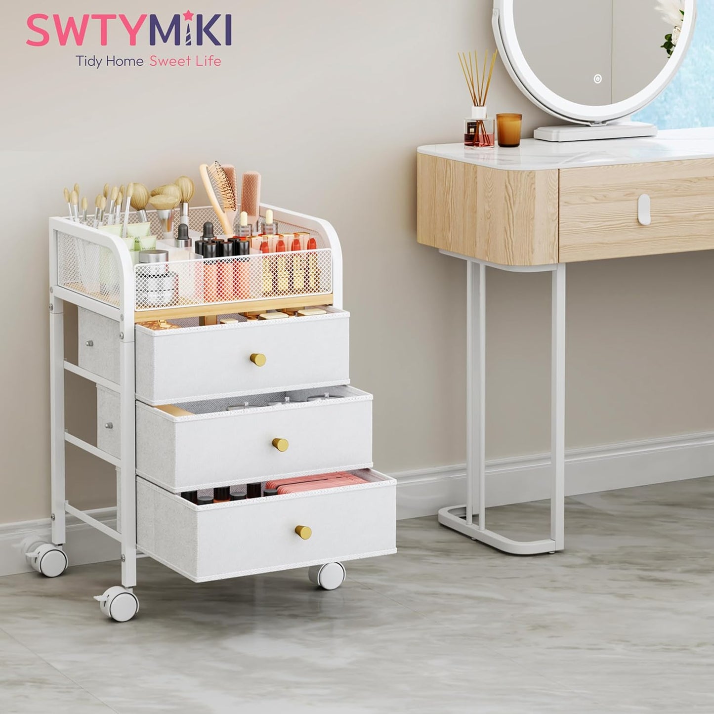 SWTYMIKI Rolling Makeup Organizer Cart - Under Desk Vanity Makeup Storage with 3 Non-woven Drawers, Nail Cart Organizer Cosmetic Display Cases Cabinet for Skin Care Perfume Nail Polish Brush Hair Tool