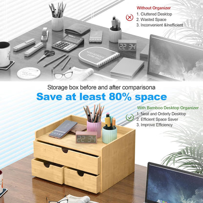Wisuce Bamboo Desk Drawer Organizer, 3 Drawer Desktop Organizer with Drawers Tabletop Storage Organization Box for Office Home Toiletries Supplies Vanity, No Assembly Required
