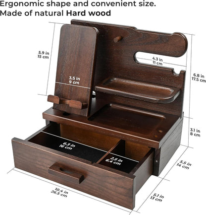 TESLYAR Wood Phone Docking Station with Drawer - Nightstand Organizer - Desk Organizer for Husband - Birthday Gifts for Men, Dad, Anniversary Idea, Key Holder Stand Watch & Accessories (Antique Brown)