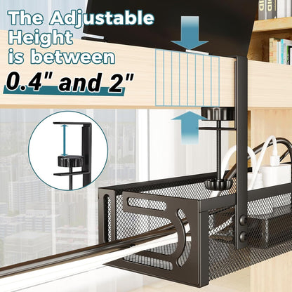 Cable Management Under Desk, 25.3'' No Drill Desk Cable Management Tray with Clamp, Metal Cord Organizer for Standing Desk, Computer Wire Management for Home Office & Gaming Setup, Black