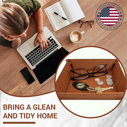 Personalized Valet Trays, Custom Engraved Leather Keys Tray for Men - Catchall Tray Organizer for Entryway Table, Unique Dad Birthday Gift from Daughter Son, Father Day (Custom Text)