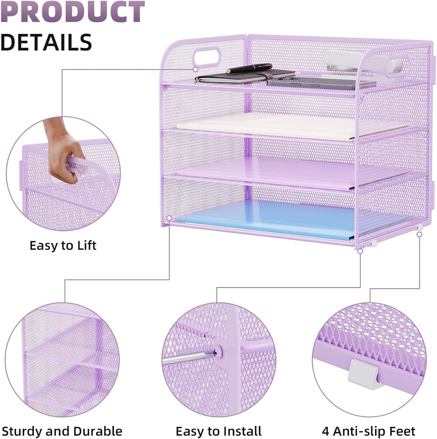 Marbrasse 4 Tier Paper Organizer Letter Tray - Mesh Desk File Organizer with Handle, Paper Sorter Organizer for Letter/A4 Office File Folder Holder (Black, 12.6" x 9.1" x 10.7")