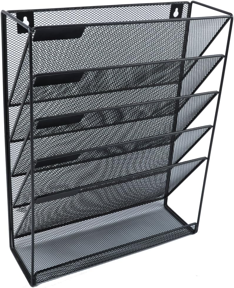 EASEPRES Desk File Organizer Mesh 6-Tier, Hanging Wall Mount Document Organization Stand, Desktop Vertical Mail Paper Folder Holder Rack with Bottom Tray for Office Home Cubicle Countertop, Black