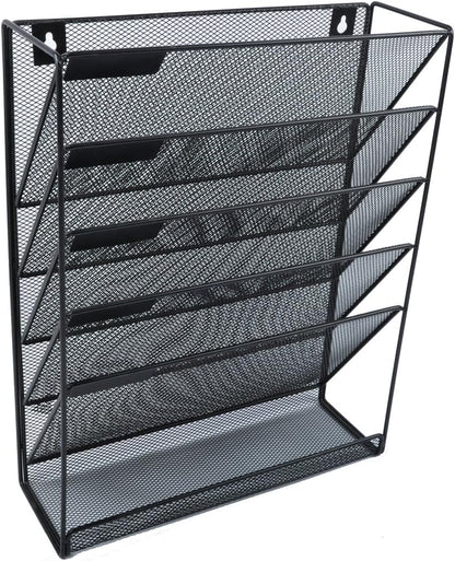 EASEPRES Desk File Organizer Mesh 6-Tier, Hanging Wall Mount Document Organization Stand, Desktop Vertical Mail Paper Folder Holder Rack with Bottom Tray for Office Home Cubicle Countertop, Black